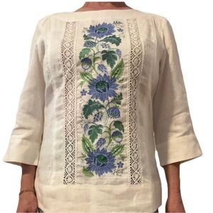 Ukrainian Vyshyvanka Linen Embroidered Blouse Blue Floral Boho NWT M
